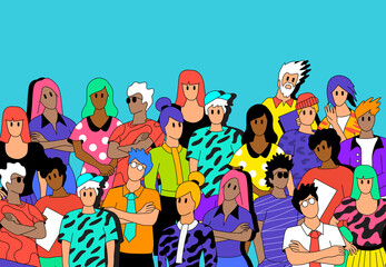 A crowd of social casual people. Multicultural creative teams, students and worker characters. Vector illustration
