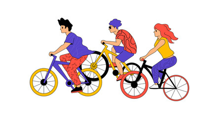 Naklejka premium Active people characters outdoors on bikes cycling. Fit and active bicycle lifestyles vector illustration.