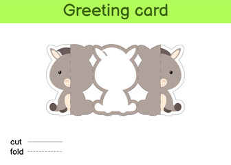 Cute donkey fold-a-long greeting card template. Great for birthdays, baby showers, themed parties. Printable color scheme. Print, cut out, fold, glue. Colorful vector stock illustration.