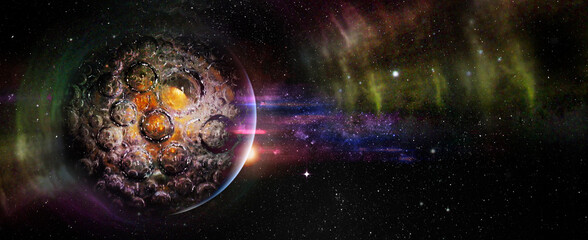 Planet with bubble shaped craters in outer space with light waves. Elements of this image furnished...