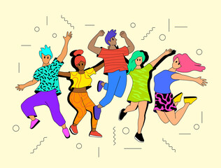Youthful vibrant happy people jumping into the air. Successful and healthy people characters vector illustration