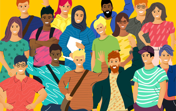 A Crowd Of Multicultural Casual Young Adults. People Vector Illustration.