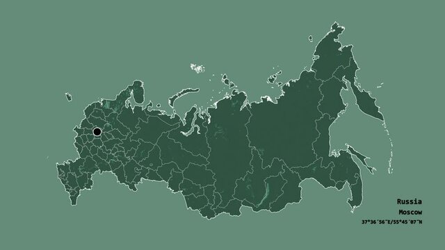 Pskov, region of Russia, with its capital, localized, outlined and zoomed with informative overlays on a administrative map in the Stereographic projection. Animation 3D