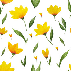 Seamless watercolor background. Yellow flowers and leaves on a white background.