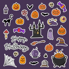 set of Halloween stickers created from hand drawn doodles on dark purple background. 