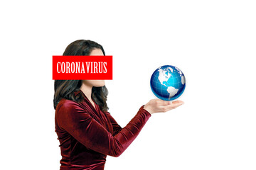 Woman with corona virus sign holding the planet Earth in her hands
