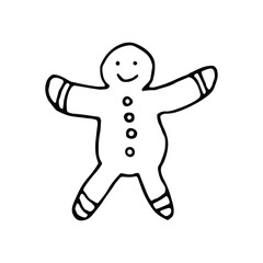 Ginger man black and white cookie doodle style.Hand drawn doodle of Christmas cookies Gingerbread man. New year biscuit ginger man. Cartoon sketch. Isolated on white background