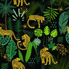 Wall murals Jungle  children room Vector floral seamless jungle cheetah pattern on black background.