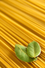 Beautiful studio shot raw pasta with laurel leaves . 
high end advertising photos