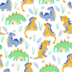Fototapeta na wymiar vector seamless patterns with dinosaurs and ferns. texture for children with cartoon motives and plants. patterns for decorating fabrics and children's clothing