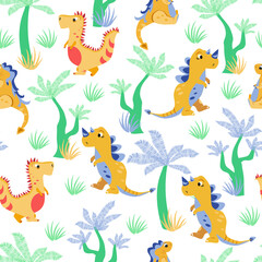 vector seamless patterns with dinosaurs and ferns. texture for children with cartoon motives and plants. patterns for decorating fabrics and children's clothing