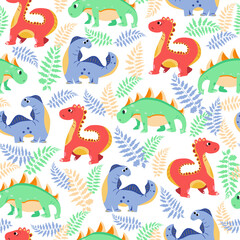 vector seamless patterns with dinosaurs and ferns. texture for children with cartoon motives and plants. patterns for decorating fabrics and children's clothing