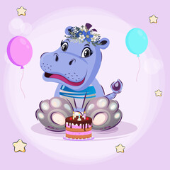 Cheerful hippo with balloons and cake, vector illustration