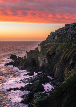 Botallack mine in Cornwall UK during sunset with vibrant colours 