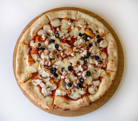 The Pizza with olives and a mushrooms