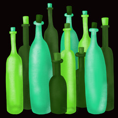 Several green bottles with different shades of corks on a black background. Bright composition. Hand drawing.