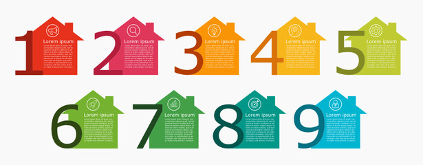 Business Infographic with numbers 9 options. Used for presentation,education,marketing, project,strategy,learn,creative,growth,stairs,web,text,layout,web,data,idea,diagram,textbox,sign,flow,plan,work.