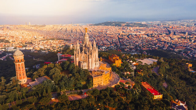 Beautiful aerial view of Sagrado coraz&oacute;n de Jes&uacute;s temple in Tibidabo mountain. Panoramic view of Barcelona