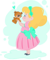 Cute girl with teddy bear, vector illustration