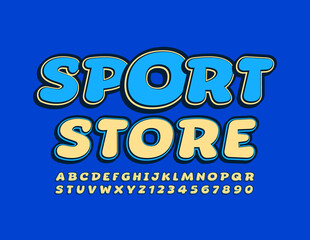 Vector bright banner Sport Store. Creative trendy Font. Yellow and Blue modern Alphabet Letters and Numbers