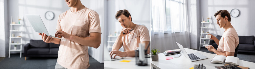 Fototapeta premium Collage of freelancer using laptop and drinking coffee while sitting at table in living room, earning online concept