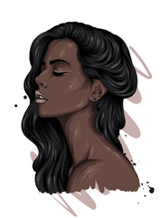 Beautiful girl with long hair. Full lips. Vector illustration for greeting card or poster, print on clothes. Fashion and style, accessories. Black woman.