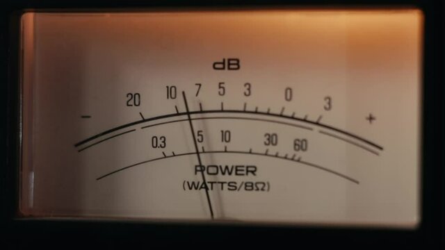 Analog VU indicator of sound signal level on the vintage amplifier