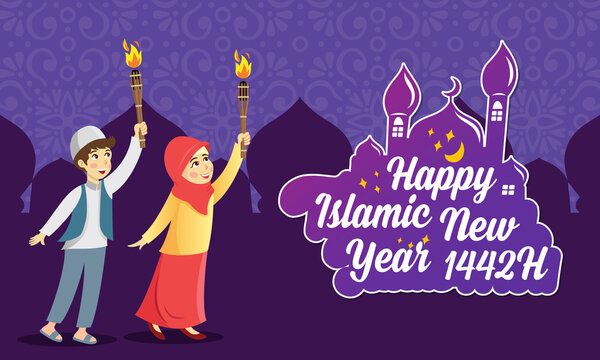 Happy islamic new year 1442 Hijriyah vector illustration. Cute cartoon muslim kids holding torch celebrating islamic new year with mosque as background.Great for greeting card, poster and banner