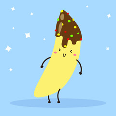 cute happy lovely banana dipped on chocolate sauce vector design