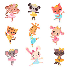 Cute Animals in Ballerina Dresses Dancing Vector Illustration Set