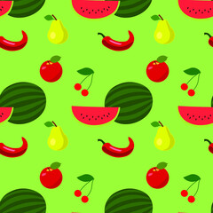 Light green background with fruits and chili peppers, seamless pattern