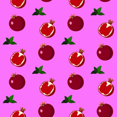 Pink background with pomegranates, seamless pattern, flat vector