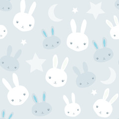 White bunnies and cute rabbits and stars for baby boy nursery seamless pattern on light blue background.