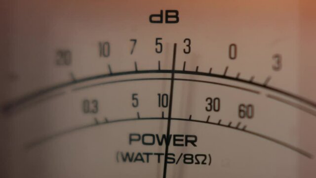 Vintage analog VU meter of audio signal in decibels and watts. Close-up