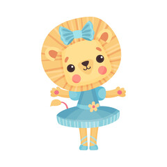 Smiling Lion in Ballerina Dress and Bow on Head Dancing Vector Illustration