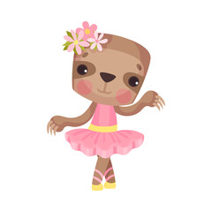 Cute Sloth in Ballerina Dress and Floral Head Decoration Dancing Vector Illustration