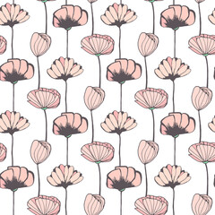 Obraz premium Hand drawn seamless pattern vector of different flowers, wildflowers lined up in rows. Spring colored floral doodle illustration for design cards, invitations, wallpaper, wrapping paper, fabric