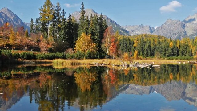 Majestic autumn view of Strbske pleso lake. Spectacular morning scene of High Tatra National Park, Slovakia, Europe. Beauty of nature concept background. Full HD video (High Definition).