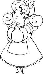 Outline doodle illustration character little halloween witch with pumpkin in hands and curly hair