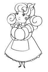 Outline doodle illustration character little halloween witch with pumpkin in hands and curly hair