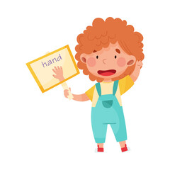 Cute Girl Holding Flashcard with Hand Picture Vector Illustration
