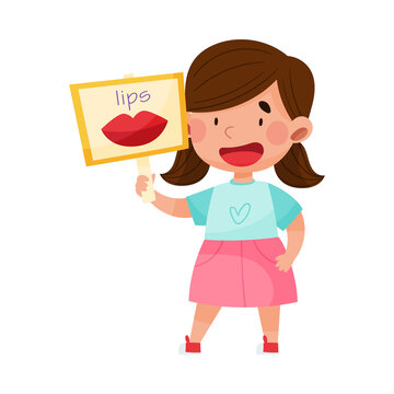 Smiling Girl Character Holding Flashcard with Lips Image Vector Illustration