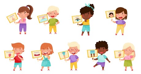 Little Kids Holding Cards with Body Parts Vector Illustration Set