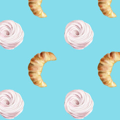 Watercolor sweet food pattern. Hand painted croissant and marshmallow seamless background. Illustration on blue.