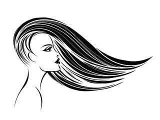 Woman with long, wavy hairstyle and elegant makeup.Beauty salon and hair studio illustration.Cosmetics and spa logo.Beautiful lady portrait.Cute female face.Profile view.