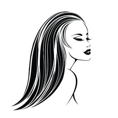 Woman with long, wavy hairstyle and elegant makeup.Beauty salon and hair studio illustration.Cosmetics and spa logo.Beautiful lady portrait.Cute female face.Smiling girl.
