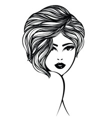 Woman with long, wavy hairstyle and elegant makeup.Beauty salon and hair studio illustration.Cosmetics and spa logo.Beautiful lady portrait.Cute female face.Smiling girl.Front view.
