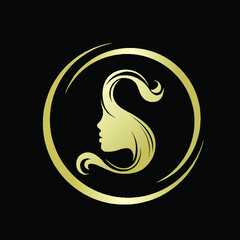 Hair salon and beauty studio logo.Beautiful woman face silhouette and circle frame.Long, wavy hairstyle.Shiny golden icon.Abstract letter S isolated on black background.