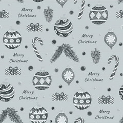 Seamless pattern with Christmas decorations, gifts, pine, cones and balls