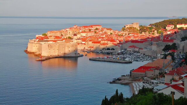 Time lapse clip. Aerial morning view of Dubrovnik city. Summer seascape of Adriatic sea, Croatia, Europe. Beautiful world of Mediterranean countries. Full HD video (High Definition).